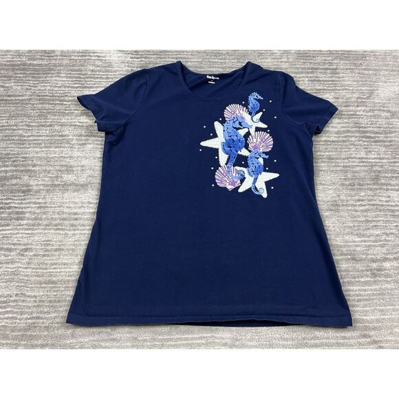 Kim Rogers Top Womens Small‎ Blue Short Sleeve Stretch Rhinestones - Picture 1 of 10